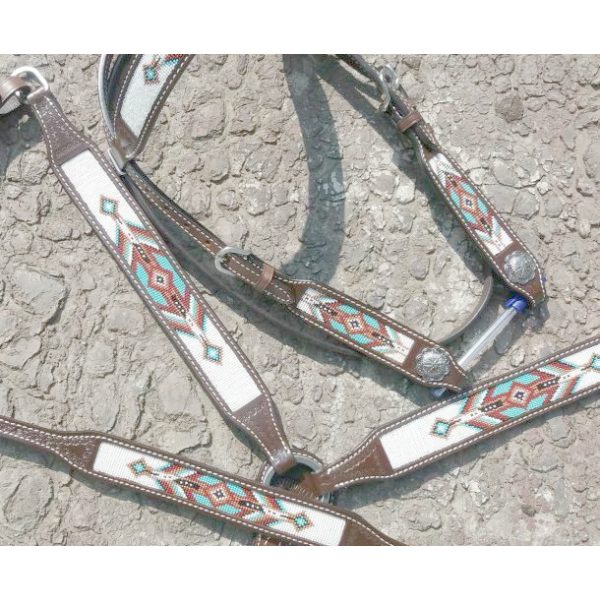 Showman NAVAJO Beaded DARK LEATHER Browband Bridle BreastCollar Wither Strap Set - Image 3