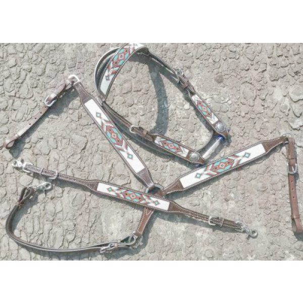 Showman NAVAJO Beaded DARK LEATHER Browband Bridle BreastCollar Wither Strap Set - Image 4