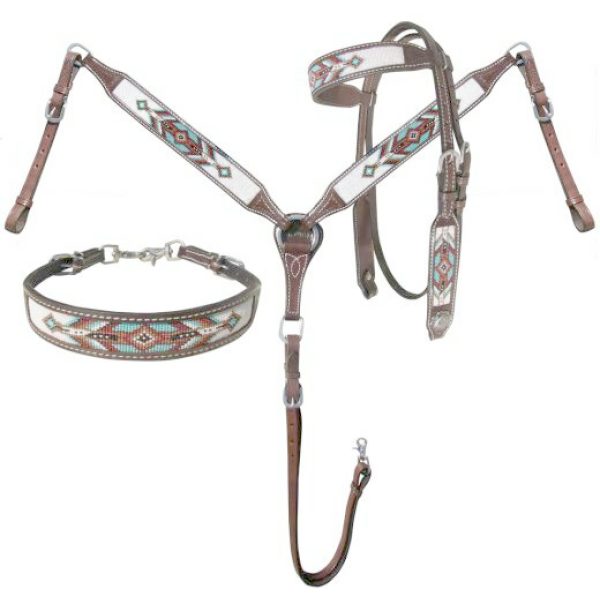 Showman NAVAJO Beaded DARK LEATHER Browband Bridle BreastCollar Wither Strap Set