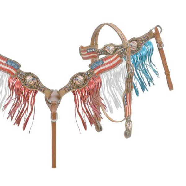 Showman Painted AMERICAN FLAG Bridle Red Blue Silver FRINGE Breast Collar Set