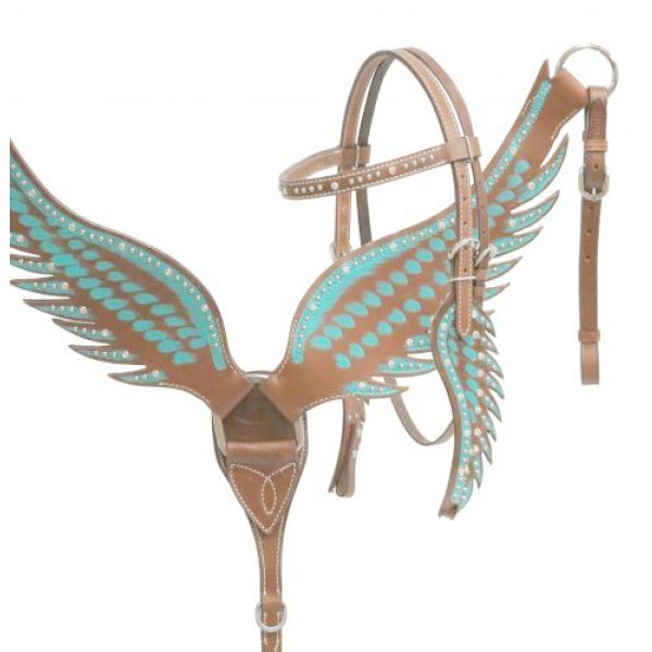 Showman TEAL ANGEL WING Leather Bridle Breast Collar & Split Reins Set