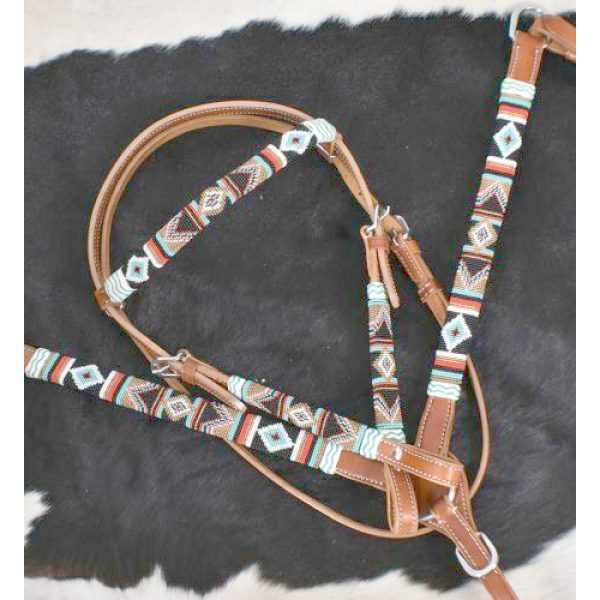 Showman TEAL & RED Navajo BEADED Leather Bridle Breast Collar Split Reins Set - Image 3