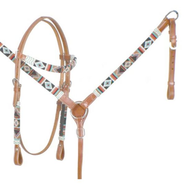 Showman TEAL & RED Navajo BEADED Leather Bridle Breast Collar Split Reins Set
