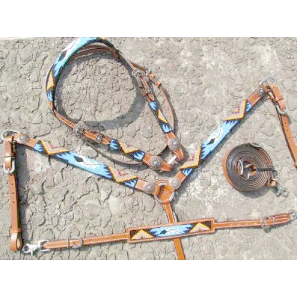 Showman TURQUOISE AZTEC Beaded Leather Bridle BreastCollar Wither Strap Rein SET - Image 3