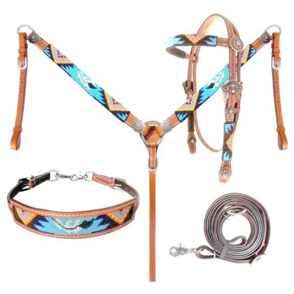 Showman TURQUOISE AZTEC Beaded Leather Bridle BreastCollar Wither Strap Rein SET