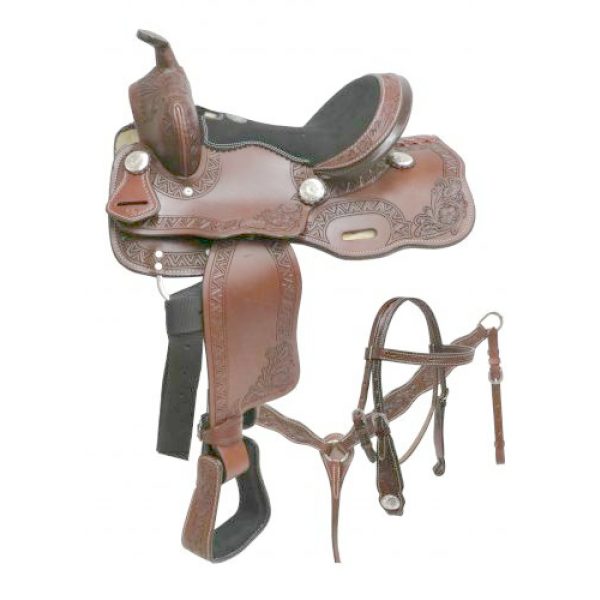 Double T 12" Dark Oil Pony SADDLE SET w/ Floral Tooling & Engraved Chonchs