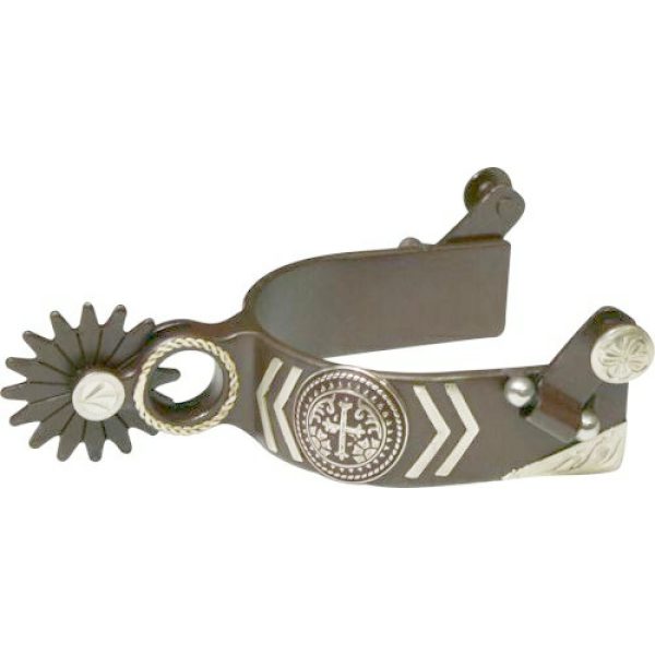 Showman BROWN Steel SPURS Silver Engraved CROSS Concho & Silver Accents