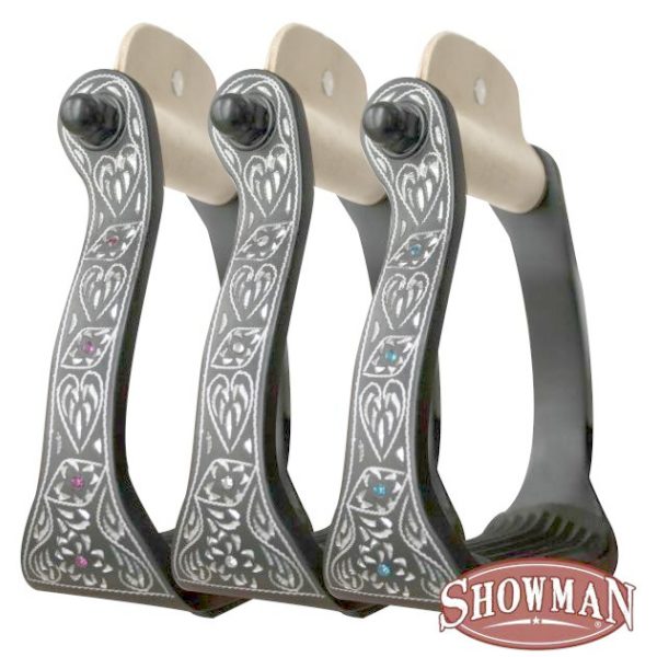 Showman ENGRAVED STIRRUPS Black Aluminum & RHINESTONES 4.75" wide x 6" tall