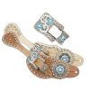 Showman Ladies Tooled Leather SPUR STRAPS BLUE Rhinestones & Vintage Buckle