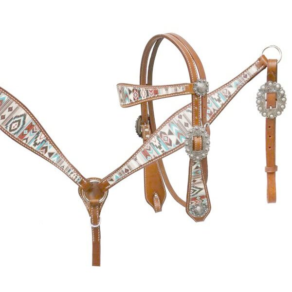 Showman Multi Color NAVAJO DIAMOND Print LEATHER Bridle Breast Collar & Rein Set