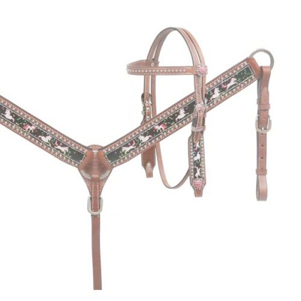 Showman PONY Size UNICORN Print Leather RHINESTONE Bridle Breastcollar Reins SET