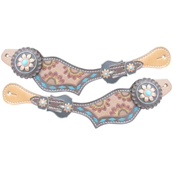 Showman SPUR STRAPS Turquoise Buckstitch & Hand Painted SUNFLOWER Ladies Size