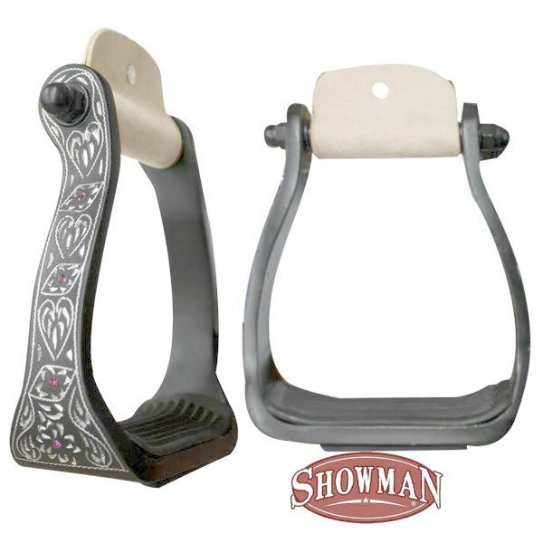 Showman ENGRAVED STIRRUPS Black Aluminum & RHINESTONES 4.75" wide x 6" tall - Image 4