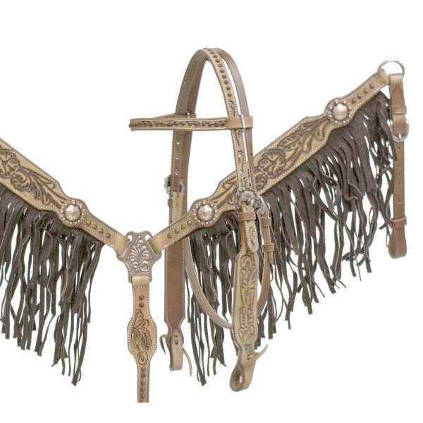 Showman Antique Concho Tooled Bridle BLACK Suede FRINGE Breastcollar & Rein SET