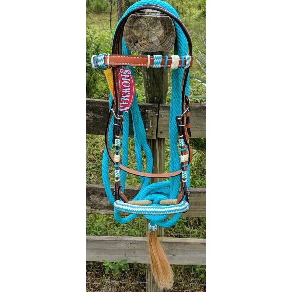 Showman Leather Headstall TEAL Rawhide Braided BOSAL Teal Nylon MECATE Reins - Image 3