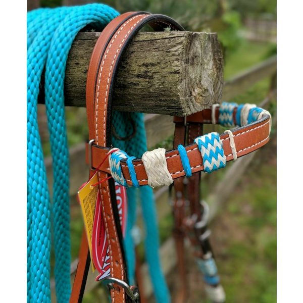 Showman Leather Headstall TEAL Rawhide Braided BOSAL Teal Nylon MECATE Reins - Image 4