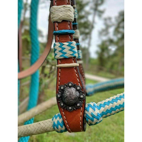 Showman Leather Headstall TEAL Rawhide Braided BOSAL Teal Nylon MECATE Reins - Image 6