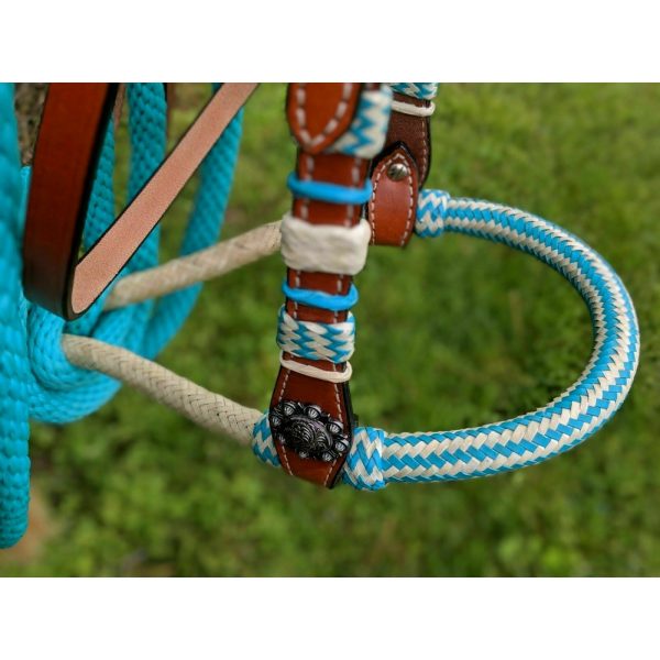Showman Leather Headstall TEAL Rawhide Braided BOSAL Teal Nylon MECATE Reins - Image 7