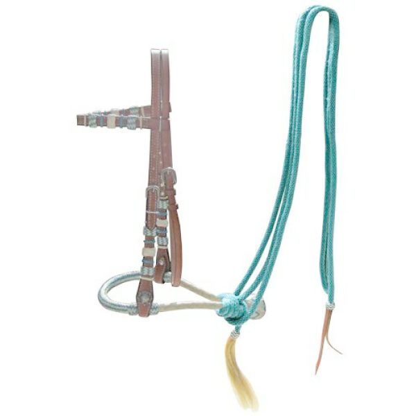 Showman Leather Headstall TEAL Rawhide Braided BOSAL Teal Nylon MECATE Reins