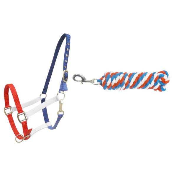 Showman RED WHITE BLUE Adjustable Nylon HALTER Matching 10' Cotton LEAD Rope