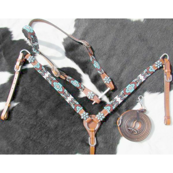 Showman TURQUOISE/BURGUNDY Beaded Aztec Headstall and Breast Collar Set W/ Reins