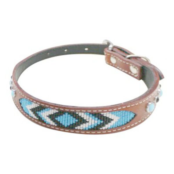 Showman TURQUOISE Beaded & Studded 1" Wide Genuine Leather Adjustable DOG COLLAR