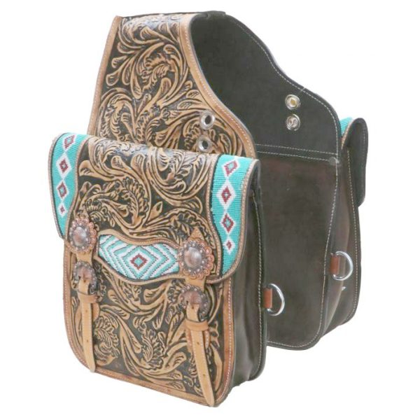 Showman Western SADDLE BAG 10"x10"x3"  TEAL & WHITE Beaded Inlay Tooled Leather