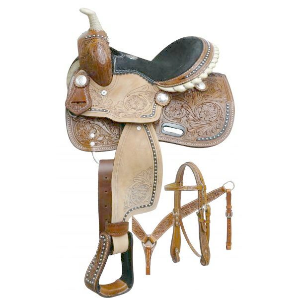 Double T PONY 10" SADDLE Bridle Breastcollar Reins SET Floral Tooled Leather