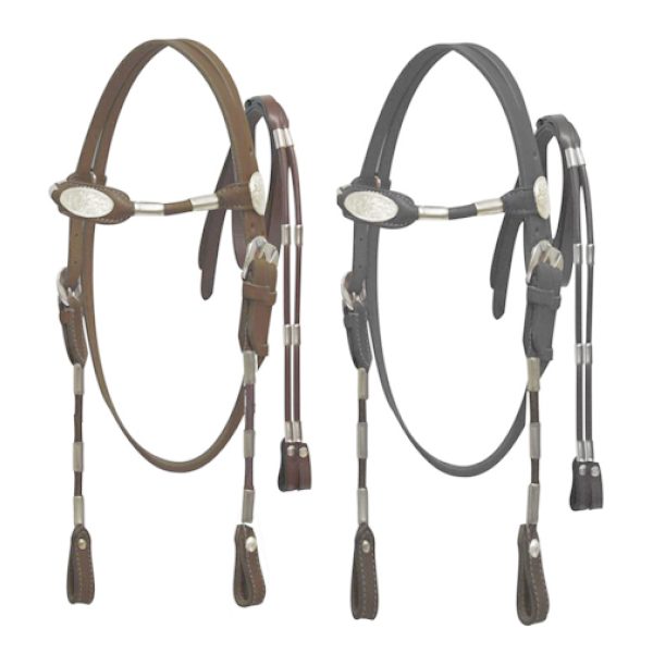 Horse size POCO Leather Rounded Browband HEADSTALL with Silver Accents & Reins