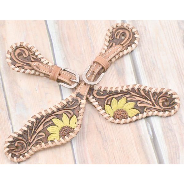 Showman Ladies SPUR STRAPS Leather w/ leaf tooling & SUNFLOWER design - Image 3