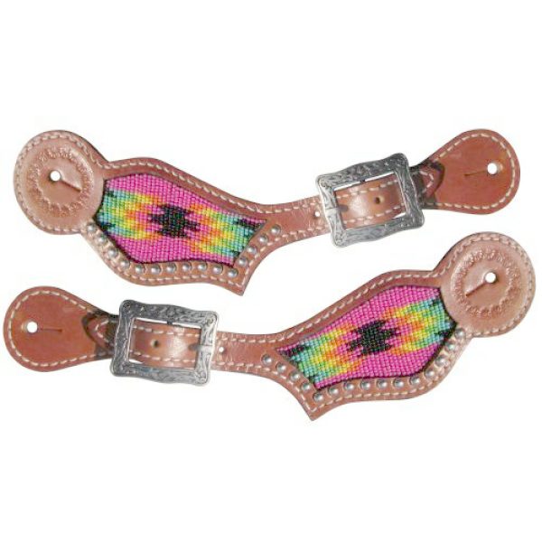 Showman Leather SPUR STRAPS Hot Pink Black Teal Lime Yellow Navajo BEADED Inlay