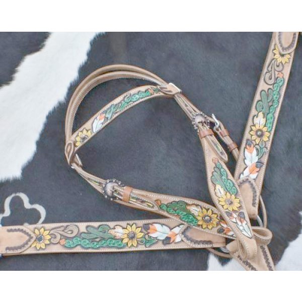 Showman SUNFLOWER & CACTUS Hand Painted Brow Band BRIDLE BREAST COLLAR & REINS - Image 3