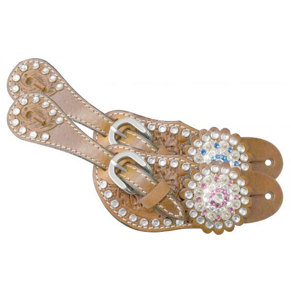 Showman YOUTH Size Crystal Rhinestone SPUR STRAPS Medium Oil Tooled Leather