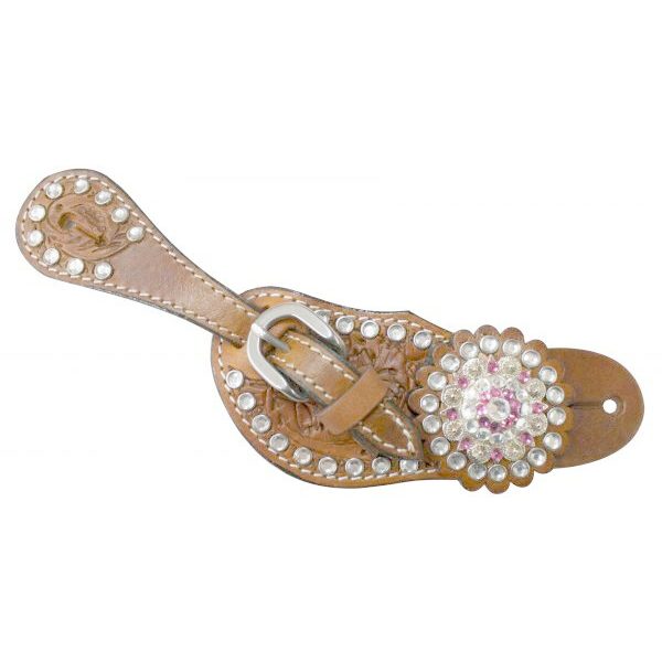 Showman YOUTH Size Crystal Rhinestone SPUR STRAPS Medium Oil Tooled Leather - Image 3