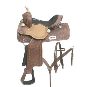 Double T 12" Youth Tooled Leather BARREL SADDLE Bridle BreastCollar Reins Set
