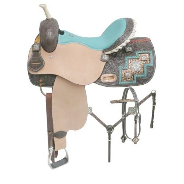 Double T LEOPARD Metallic Bejeweled FQHB BARREL SADDLE Bridle Breast Collar SET