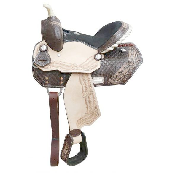 Double T SQHB Youth 13" BARREL SADDLE Suede Leather Seat Tooled FEATHER Design