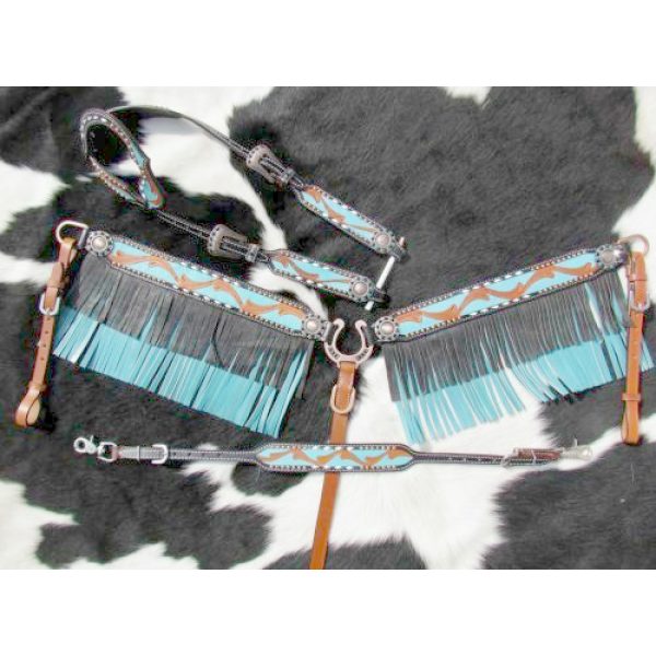 Showman BLACK & TEAL One Ear Bridle FRINGE BreastCollar Wither Strap & Rein Set - Image 3