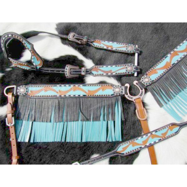 Showman BLACK & TEAL One Ear Bridle FRINGE BreastCollar Wither Strap & Rein Set - Image 4