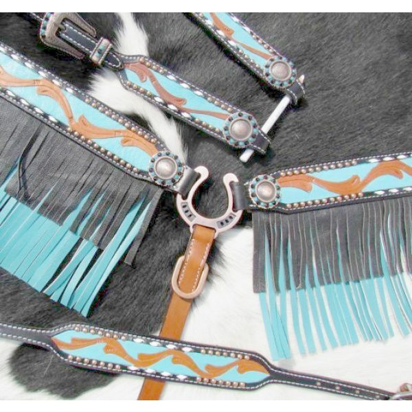 Showman BLACK & TEAL One Ear Bridle FRINGE BreastCollar Wither Strap & Rein Set - Image 5