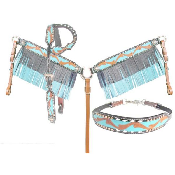 Showman BLACK & TEAL One Ear Bridle FRINGE BreastCollar Wither Strap & Rein Set