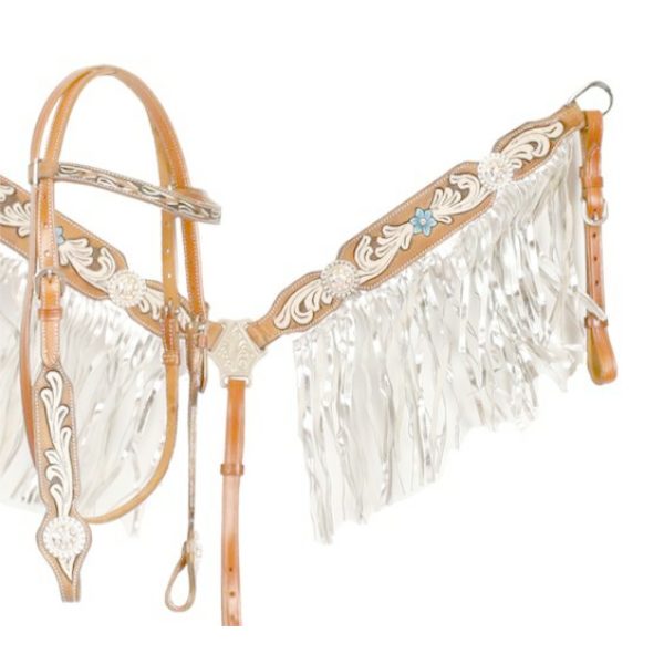 Showman Floral Painted Metallic SILVER FRINGE Breast Collar Bridle &7' Reins SET