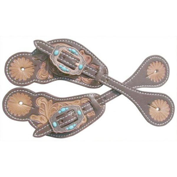 Showman LADIES Adjustable SPUR STRAPS Floral Tooled Leather & TURQUOISE Stones