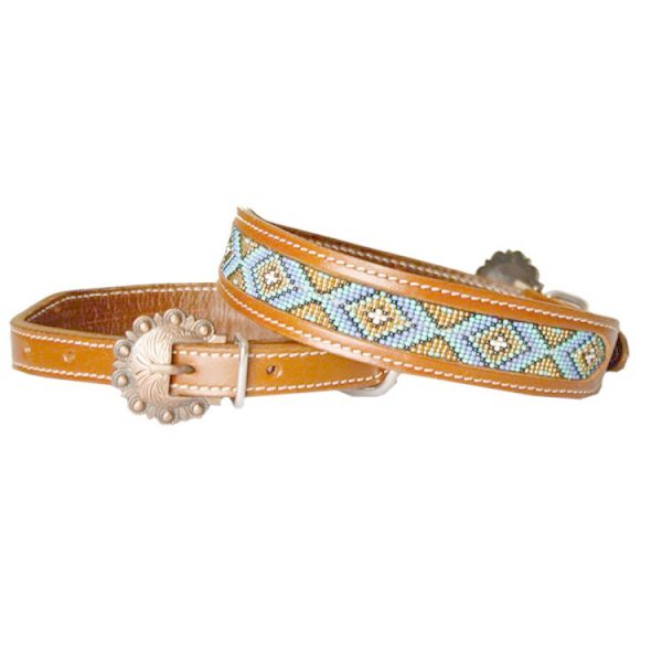 Showman Leather DOG COLLAR w/ Gold & Mint Beaded Inlay Design & Copper Buckle