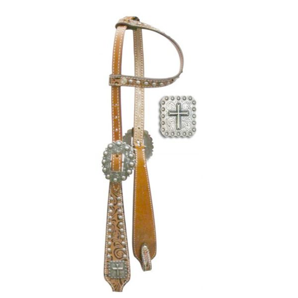 Showman One Ear Leather HEADSTALL Brown Filigree Print CROSS Conchos & Reins