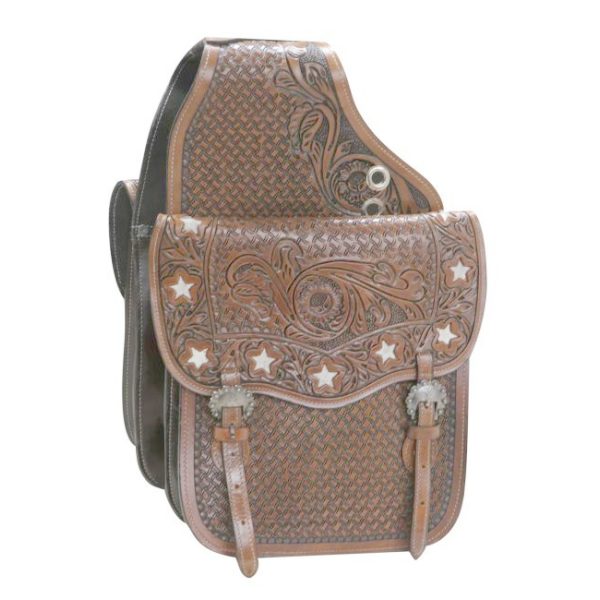 Showman Western SADDLE BAG Cowhide Cut Out STARS Tooled Medium Oil LEATHER