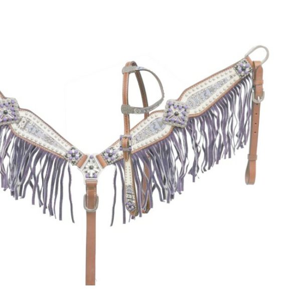 Showman BEJEWELED AZTEC Leather Bridle SUEDE FRINGE Breast Collar Reins Set - Image 4