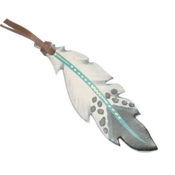SADDLE TIE Hand Painted FEATHER Cutout Leather with TEAL Accent 2" x 6.5".