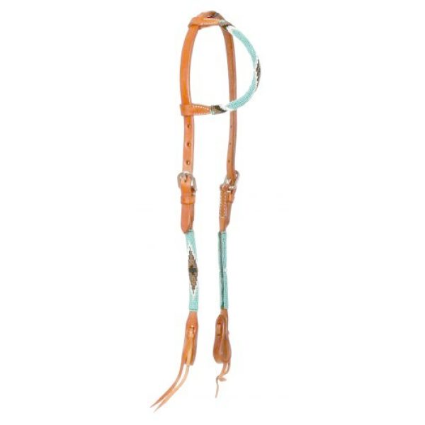 Showman Beaded Teal White Black Gold NAVJAO CROSS One Ear Leather Headstall