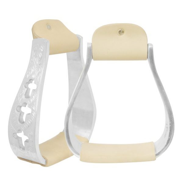 Showman ENGRAVED Cut Out CROSS 5.5" wide 3" neck 2" Tread ALUMINUM STIRRUPS